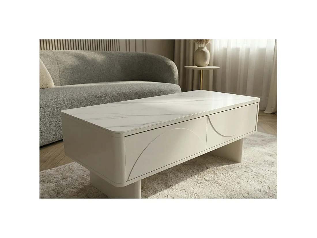 Mesa baja chic MIYA 120 cm – Tapa de cerámica efecto mármol blanco y 2 cajones