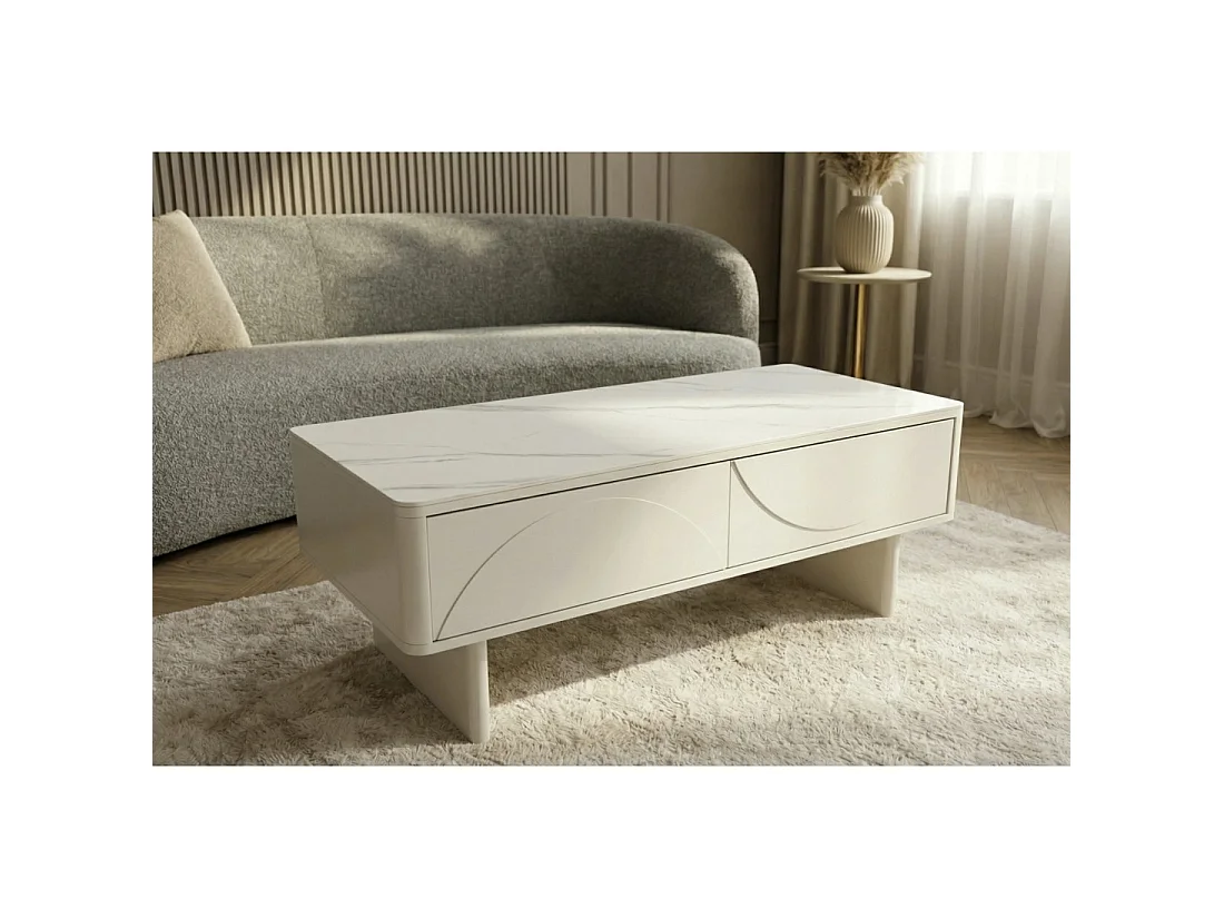 Mesa baja chic MIYA 120 cm – Tapa de cerámica efecto mármol blanco y 2 cajones