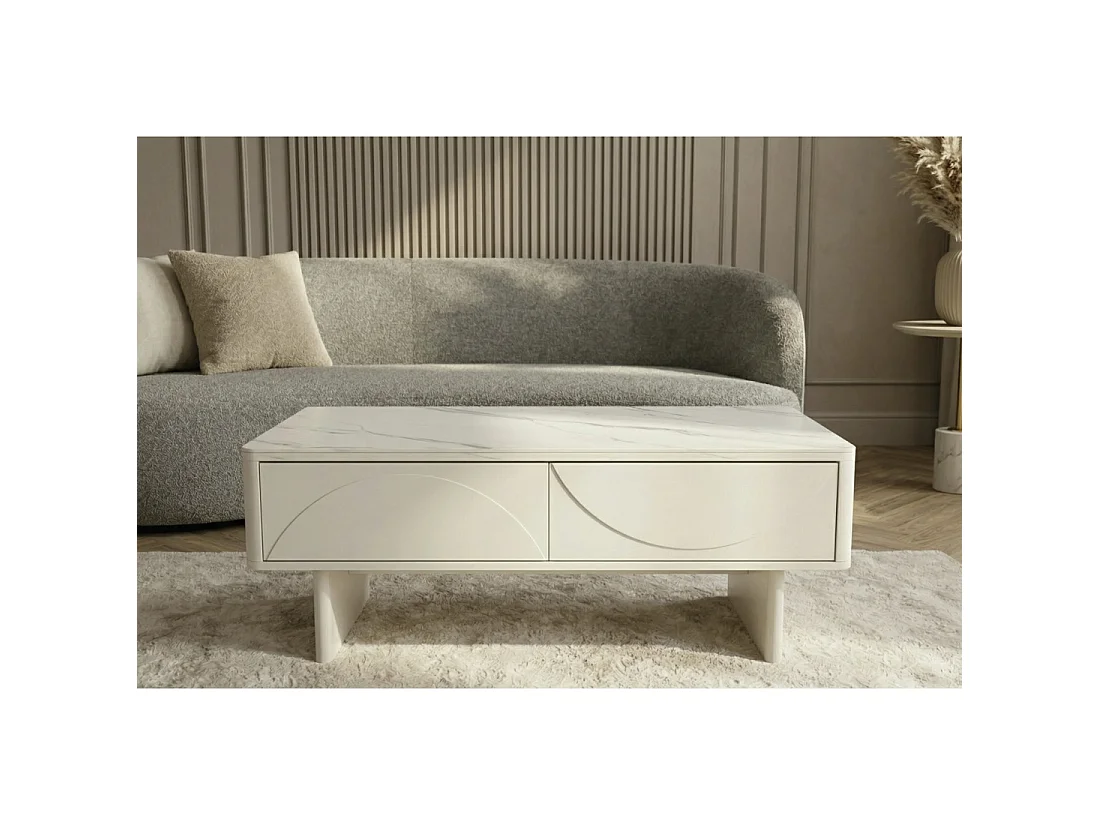 Mesa baja chic MIYA 120 cm – Tapa de cerámica efecto mármol blanco y 2 cajones