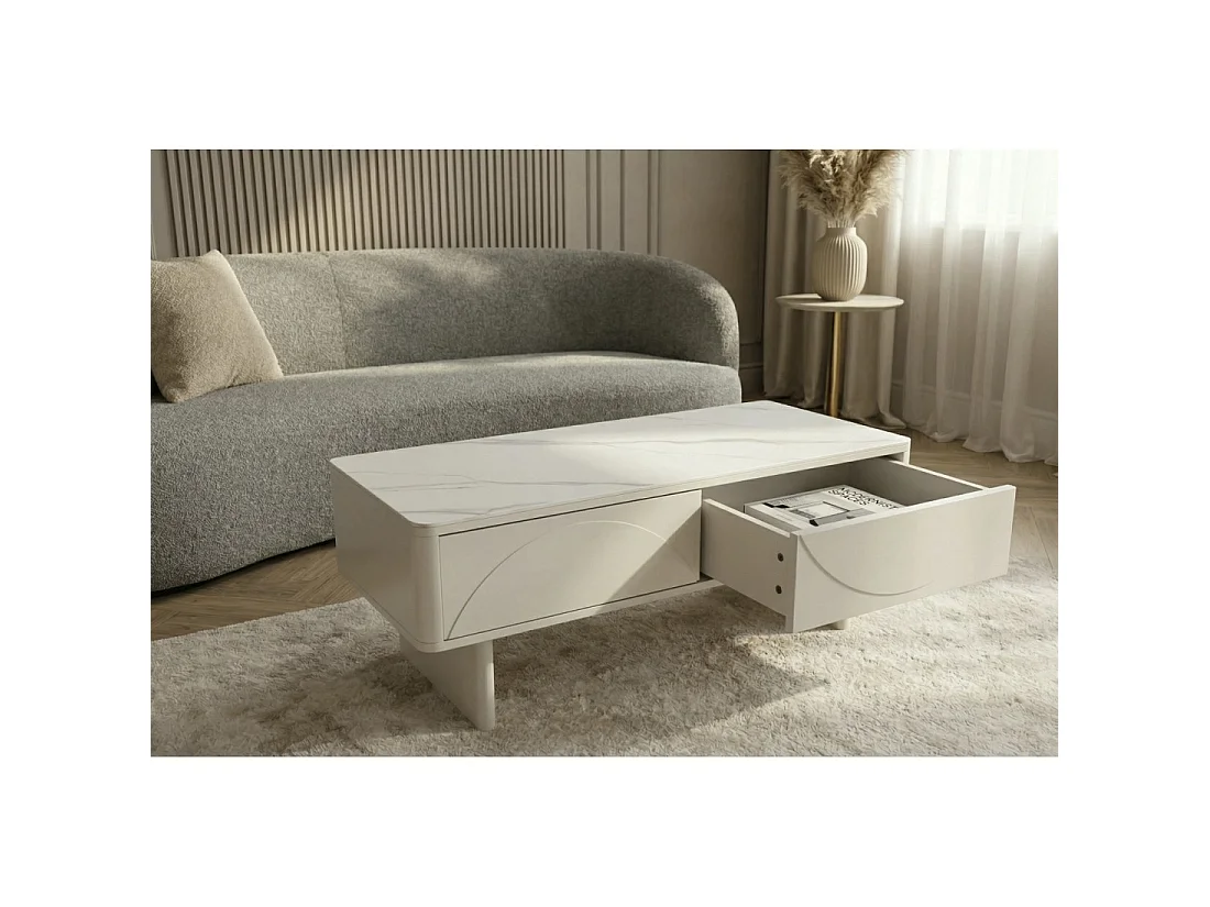 Mesa baja chic MIYA 120 cm – Tapa de cerámica efecto mármol blanco y 2 cajones