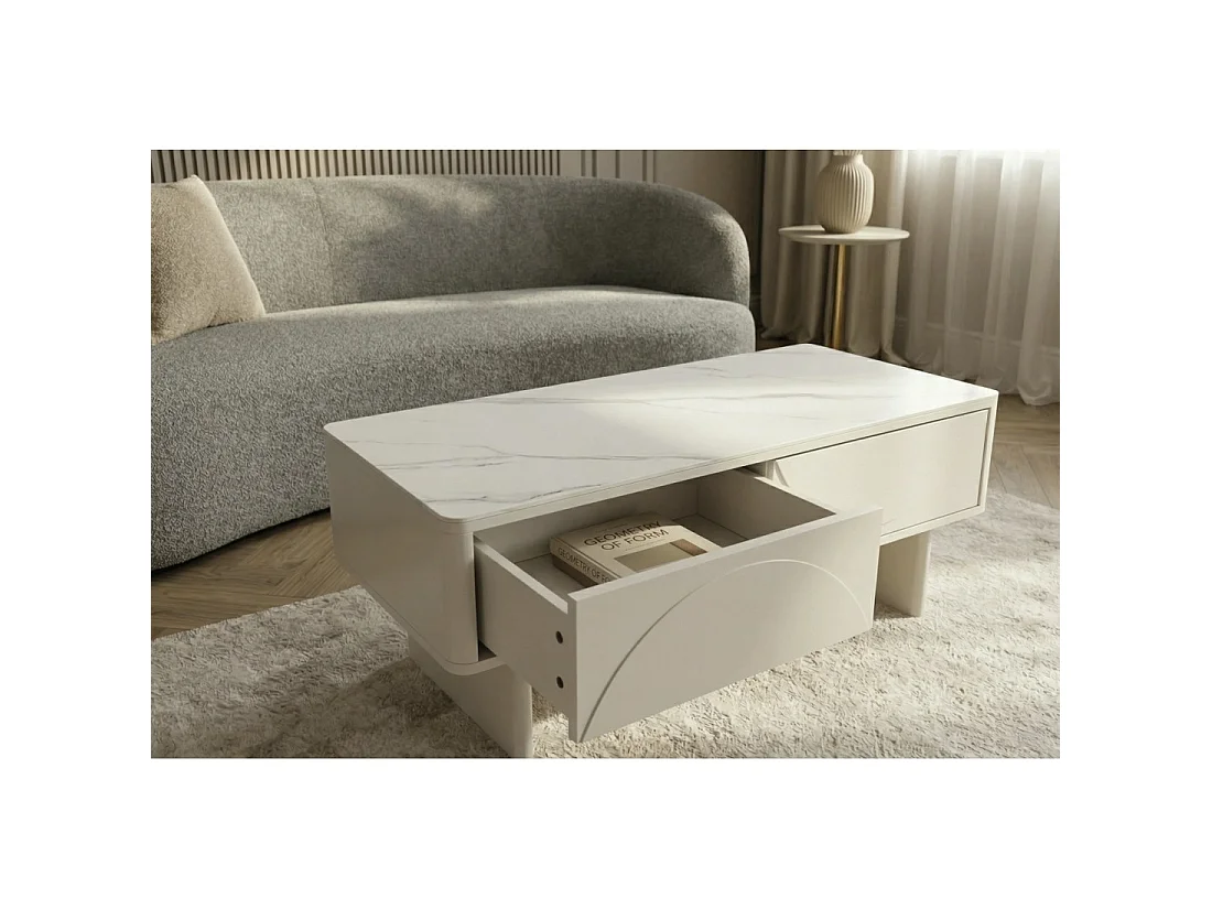 Mesa baja chic MIYA 120 cm – Tapa de cerámica efecto mármol blanco y 2 cajones