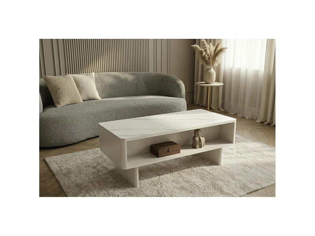 Mesa baja chic MIYA 120 cm – Tapa de cerámica efecto mármol blanco y 2 cajones