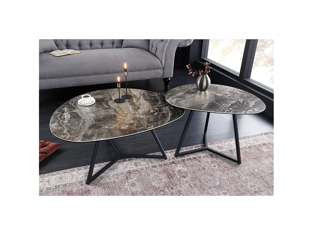 Mesa baja PETRANO 70 cm efecto piedra topo - Tablero de cerámica y vidrio templado