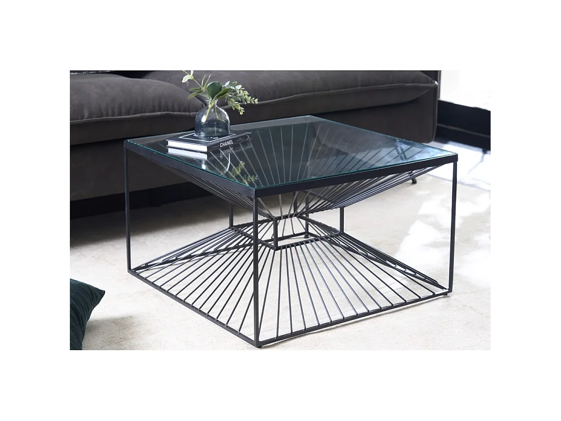 Mesa baja KOSMOS 60 cm en metal negro y vidrio templado - efecto ilusión óptica