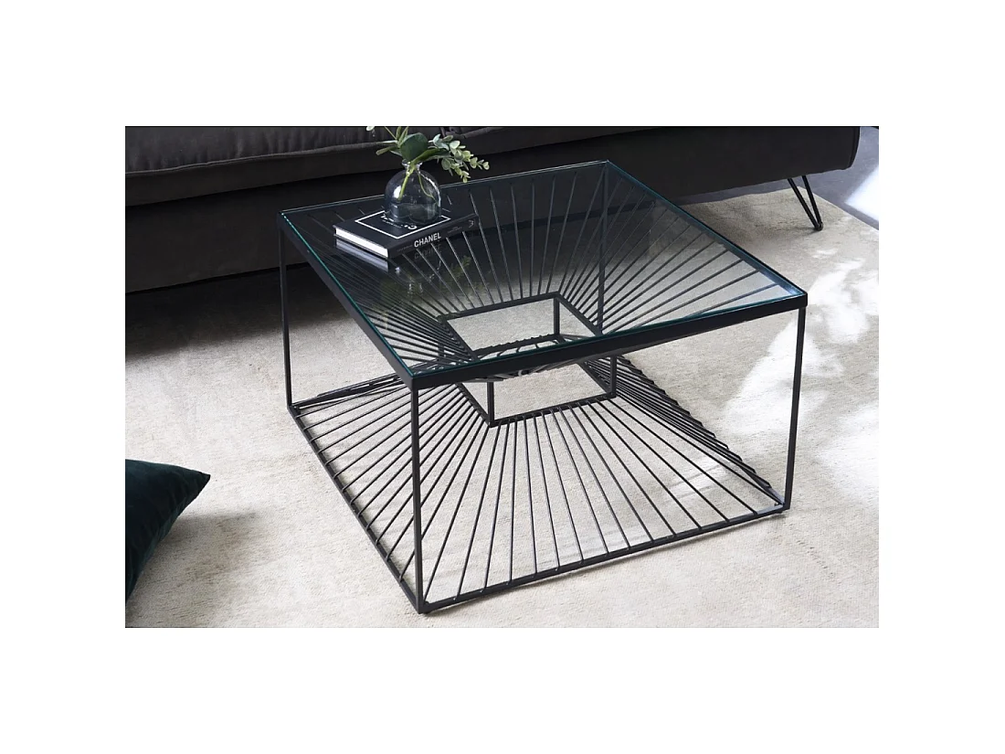 Mesa baja KOSMOS 60 cm en metal negro y vidrio templado - efecto ilusión óptica