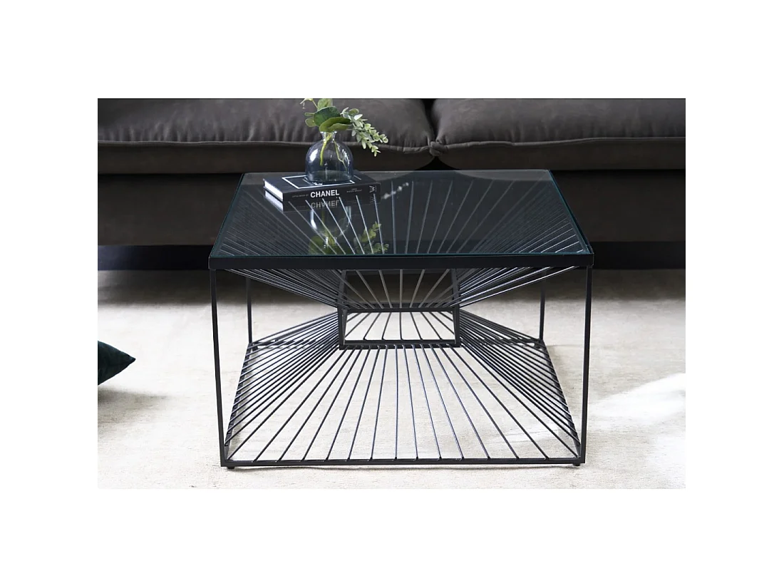 Mesa baja KOSMOS 60 cm en metal negro y vidrio templado - efecto ilusión óptica