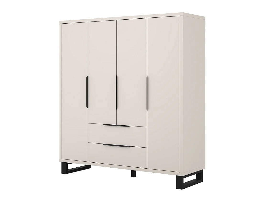 Armoire MILOS 4 portes cachemire avec 2 tiroirs et poignées métal 191 cm
