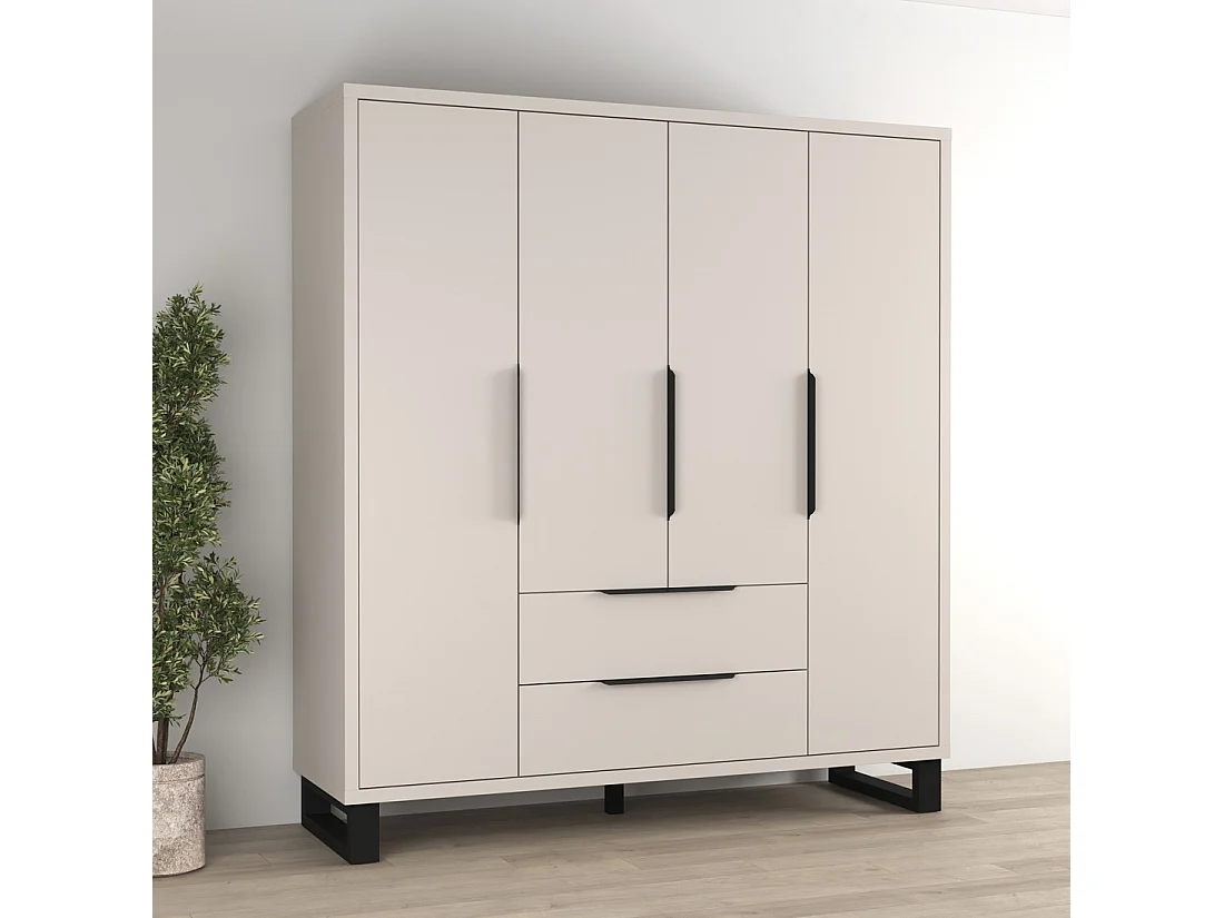 Armoire MILOS 4 portes cachemire avec 2 tiroirs et poignées métal 191 cm