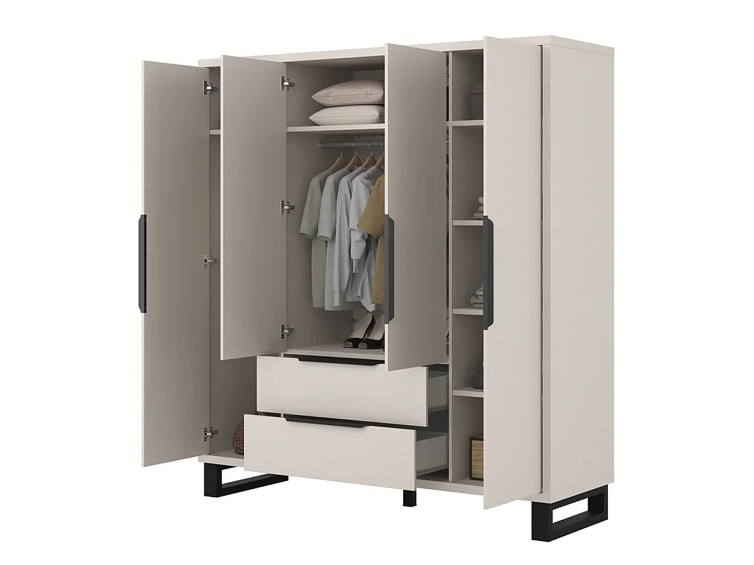 Armoire MILOS 4 portes cachemire avec 2 tiroirs et poignées métal 191 cm