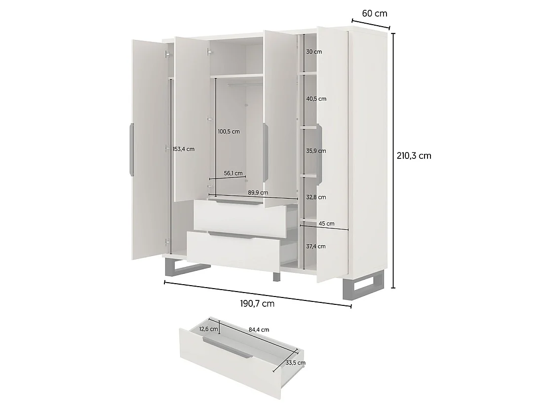 Armoire MILOS 4 portes cachemire avec 2 tiroirs et poignées métal 191 cm