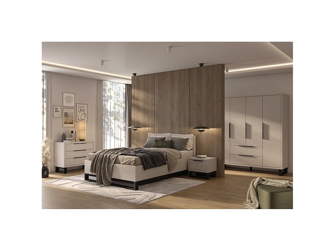 Armoire MILOS 4 portes cachemire avec 2 tiroirs et poignées métal 191 cm