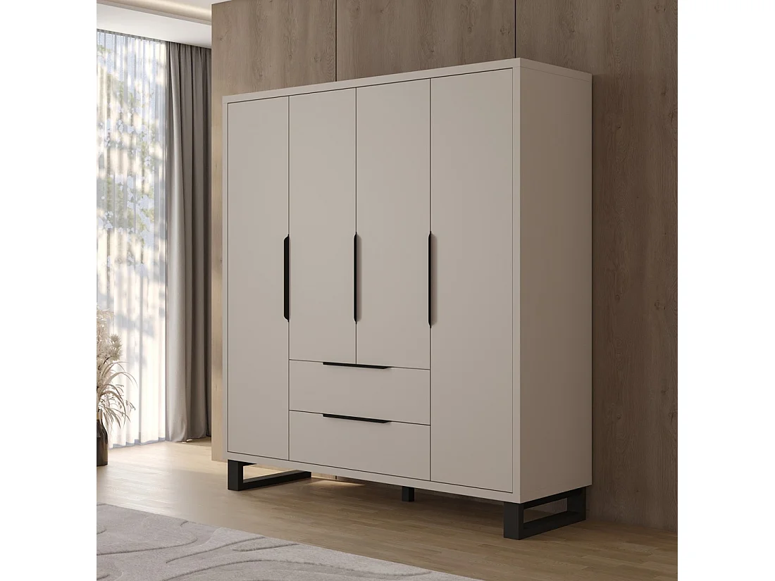 Armoire MILOS 4 portes cachemire avec 2 tiroirs et poignées métal 191 cm