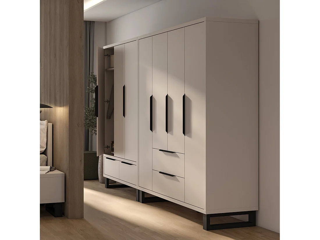 Armoire MILOS 4 portes cachemire avec 2 tiroirs et poignées métal 191 cm