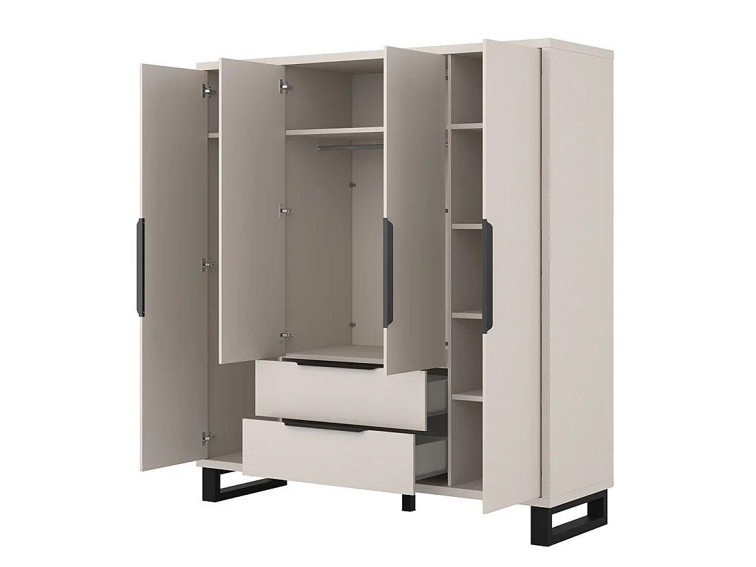 Armoire MILOS 4 portes cachemire avec 2 tiroirs et poignées métal 191 cm