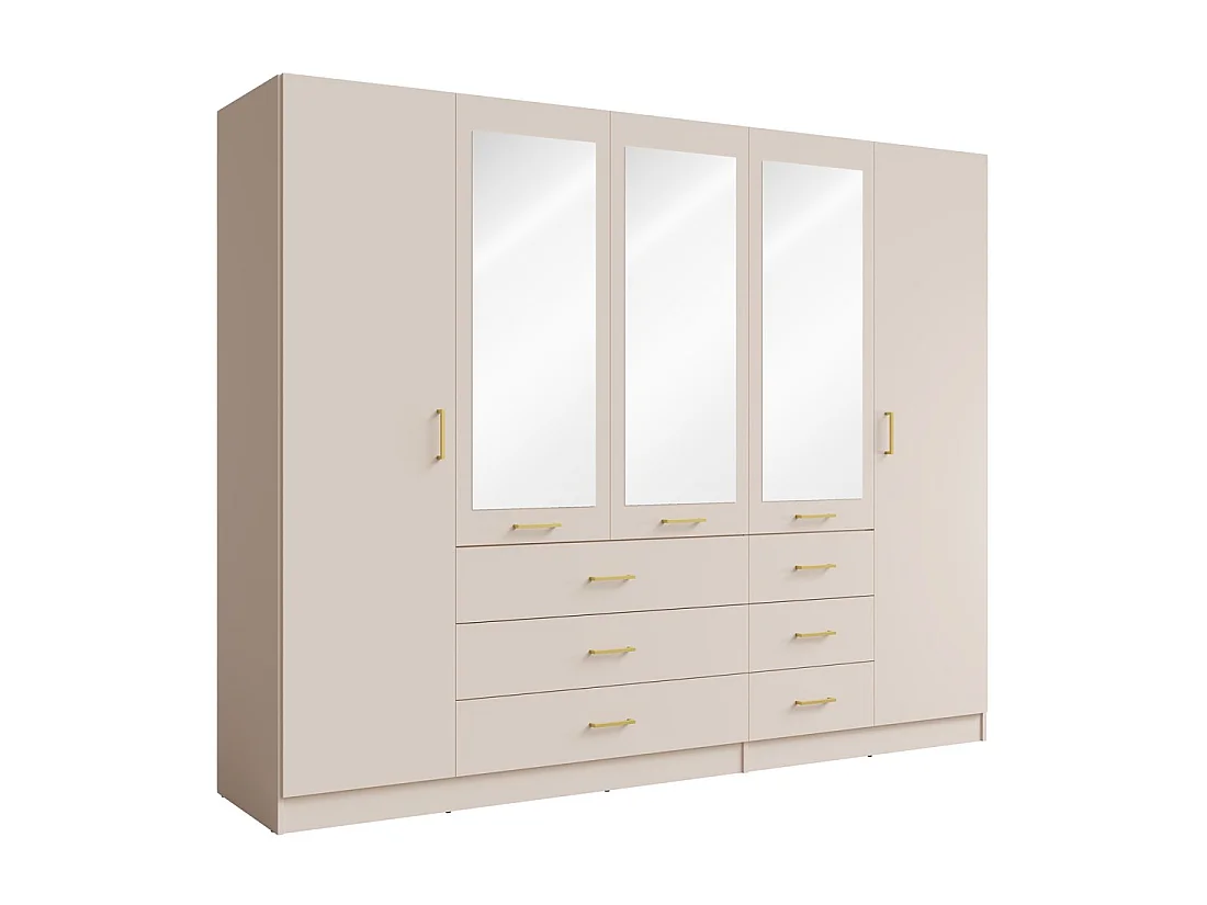 Armoire KALISTA 250 cm beige sable avec miroirs et 6 tiroirs