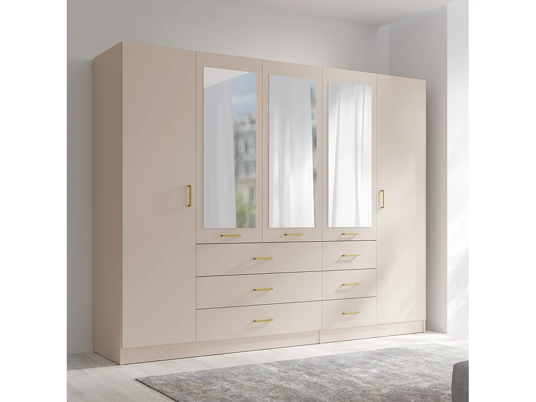 Armoire KALISTA 250 cm beige sable avec miroirs et 6 tiroirs