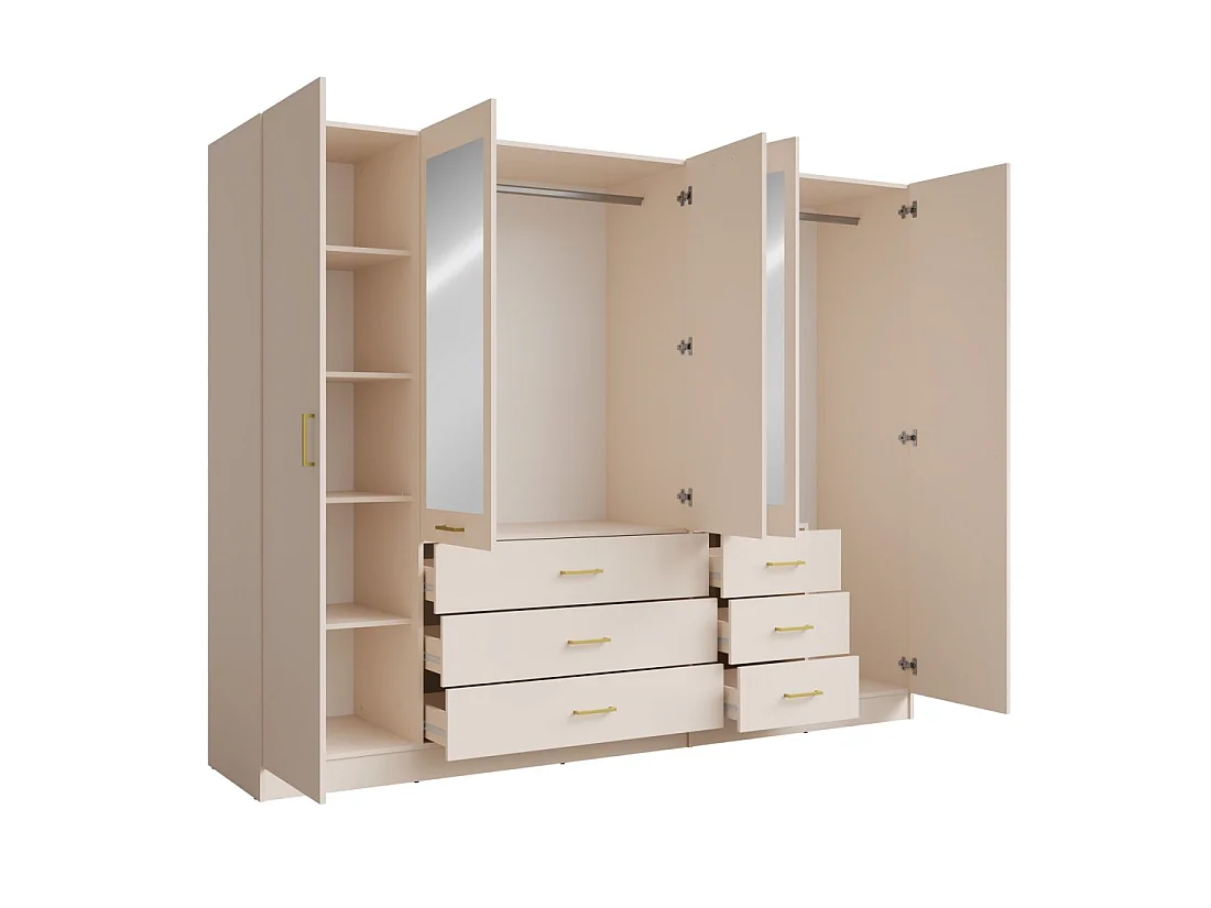Armoire KALISTA 250 cm beige sable avec miroirs et 6 tiroirs