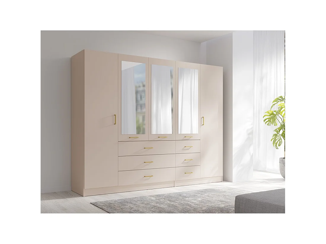 Armoire KALISTA 250 cm beige sable avec miroirs et 6 tiroirs