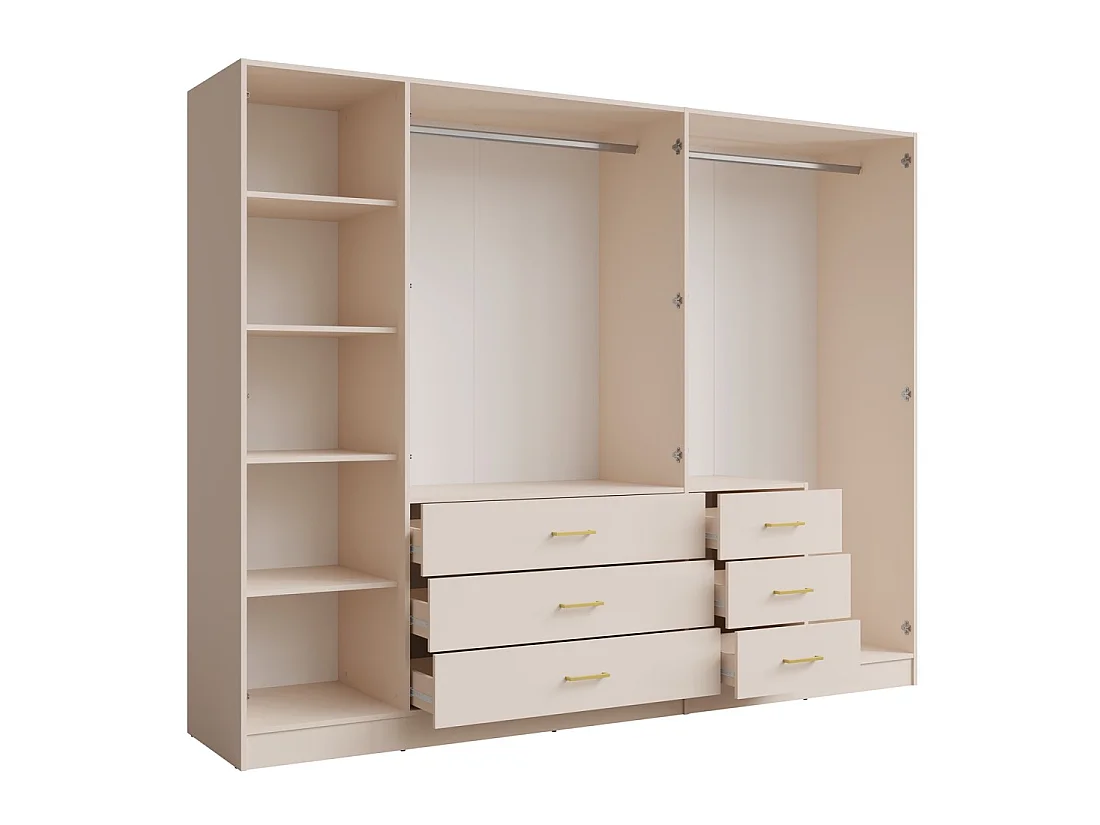 Armoire KALISTA 250 cm beige sable avec miroirs et 6 tiroirs