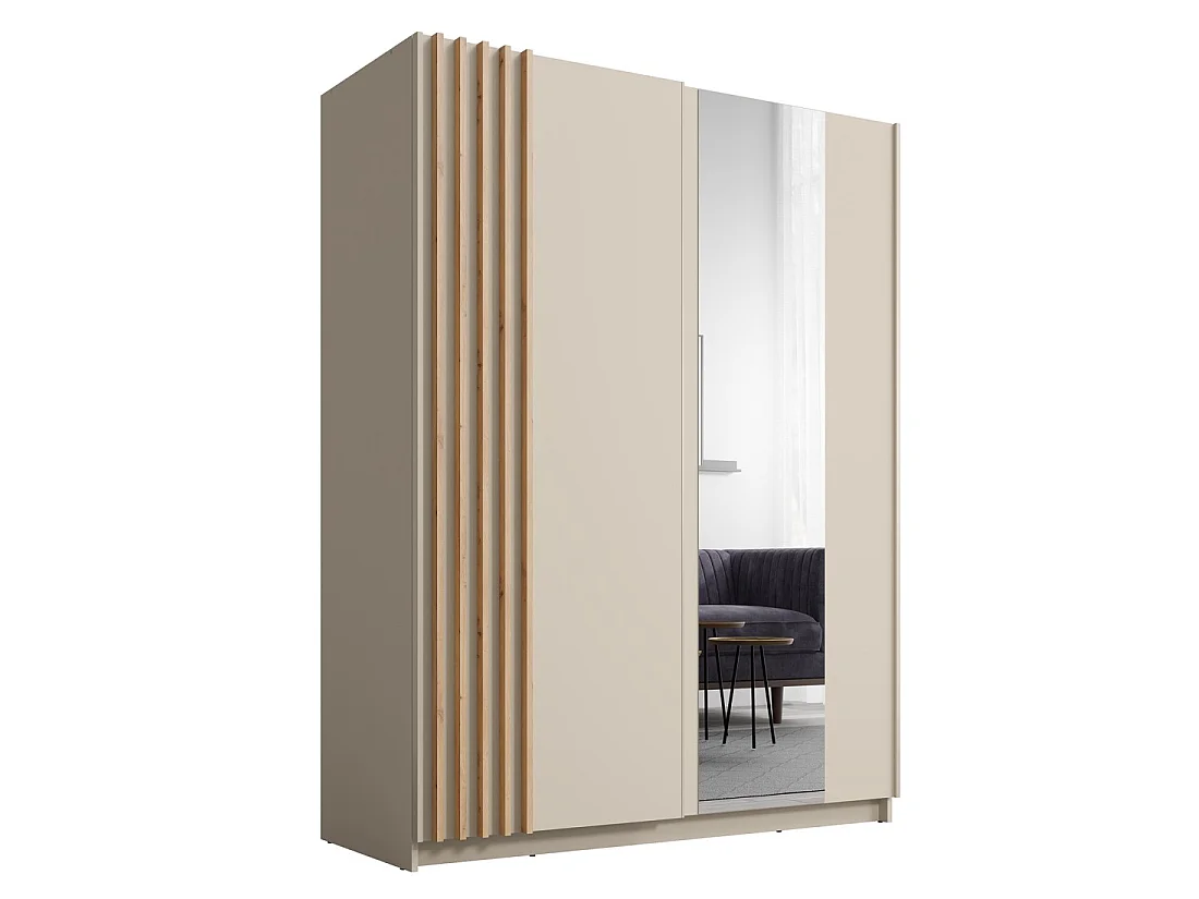 Armoire VARIA 150 cm cachemire et chêne avec miroir et portes coulissantes
