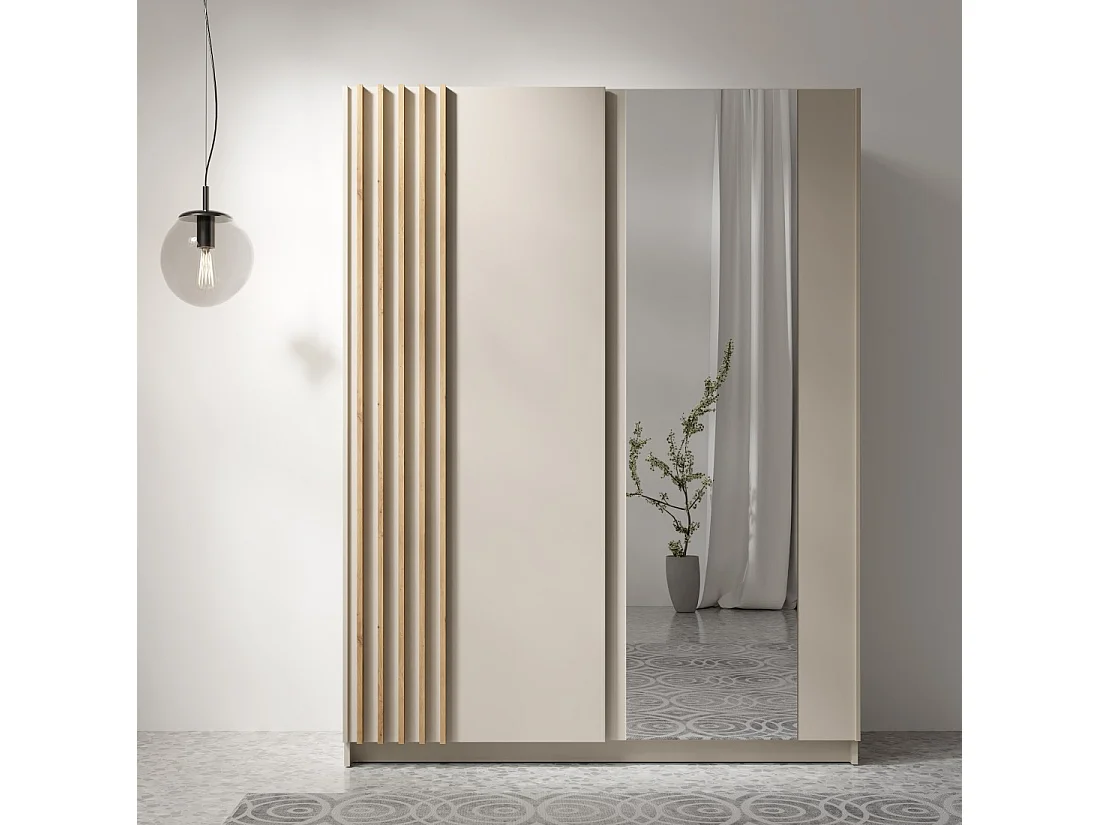 Armoire VARIA 150 cm cachemire et chêne avec miroir et portes coulissantes