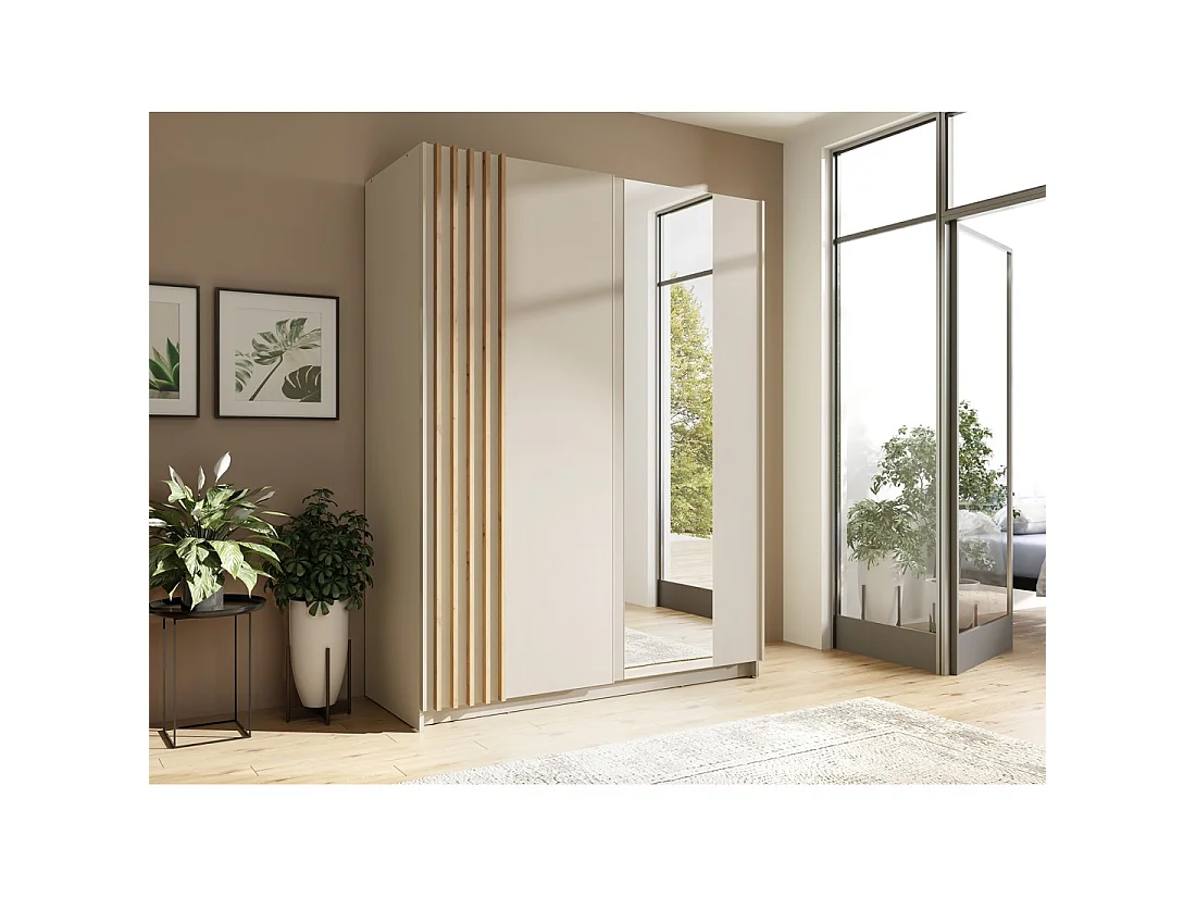 Armoire VARIA 150 cm cachemire et chêne avec miroir et portes coulissantes