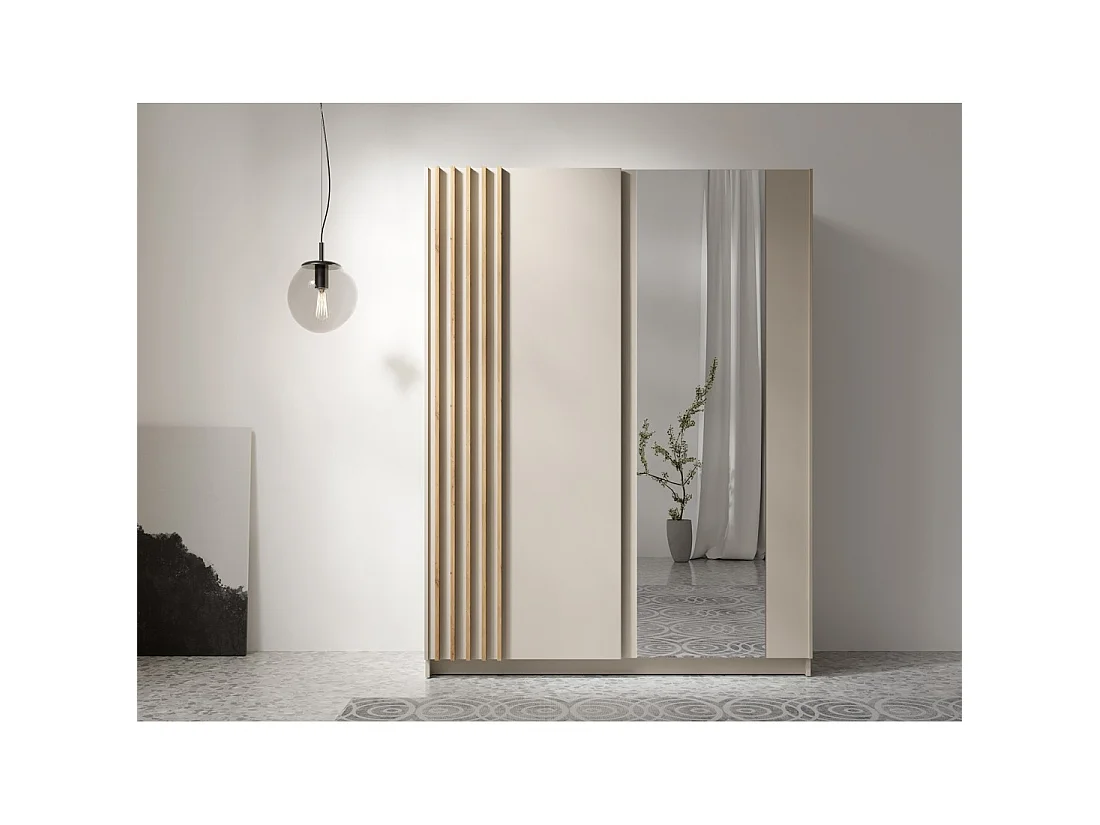 Armoire VARIA 150 cm cachemire et chêne avec miroir et portes coulissantes