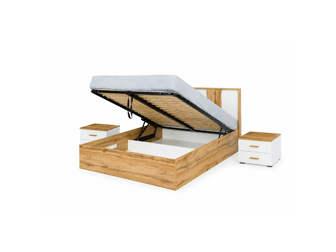 Pack cama canapé WOOD 180 x 200 cm con 2 mesitas de noche – Blanco y roble – Conjunto dormitorio moderno