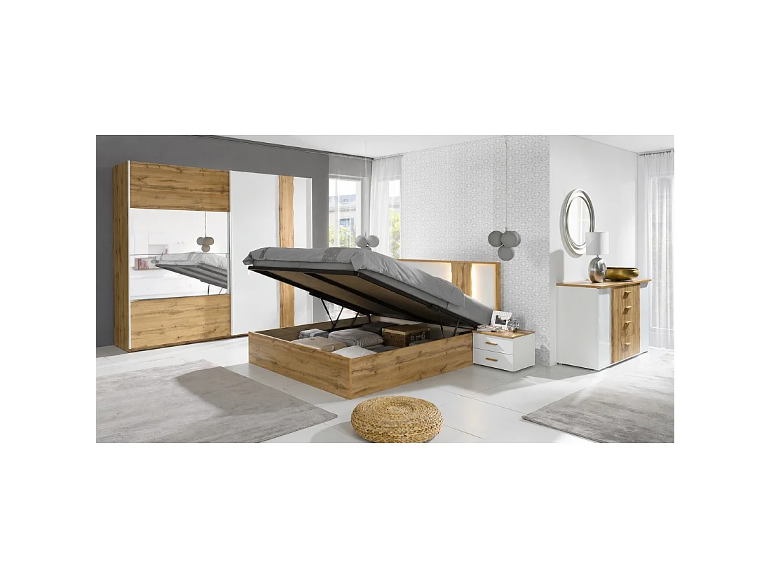 Pack cama canapé WOOD 180 x 200 cm con 2 mesitas de noche – Blanco y roble – Conjunto dormitorio moderno