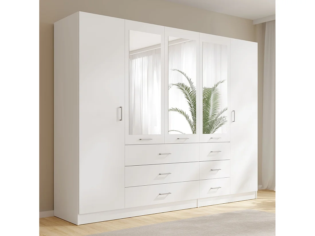Armoire KALISTA 250 cm blanche avec miroirs et 6 tiroirs