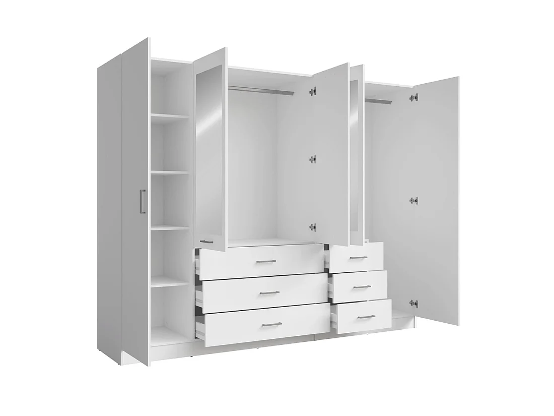 Armoire KALISTA 250 cm blanche avec miroirs et 6 tiroirs