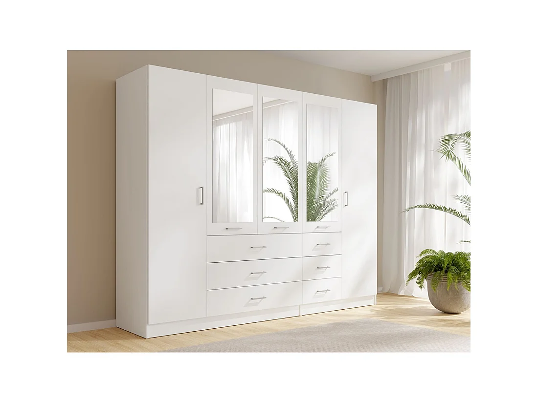 Armoire KALISTA 250 cm blanche avec miroirs et 6 tiroirs