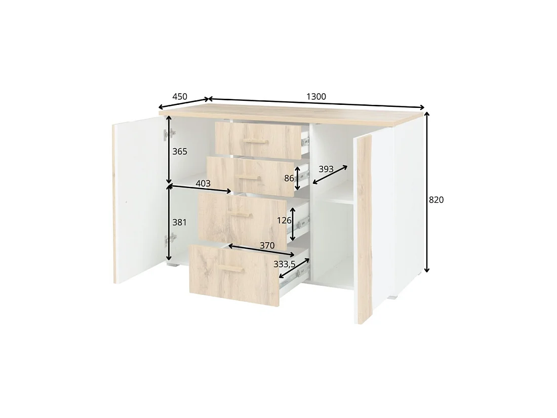 Chambre complète WOOD avec lit 180 x 200 cm LED, armoire 250 cm, commode et chevets – Chêne et blanc