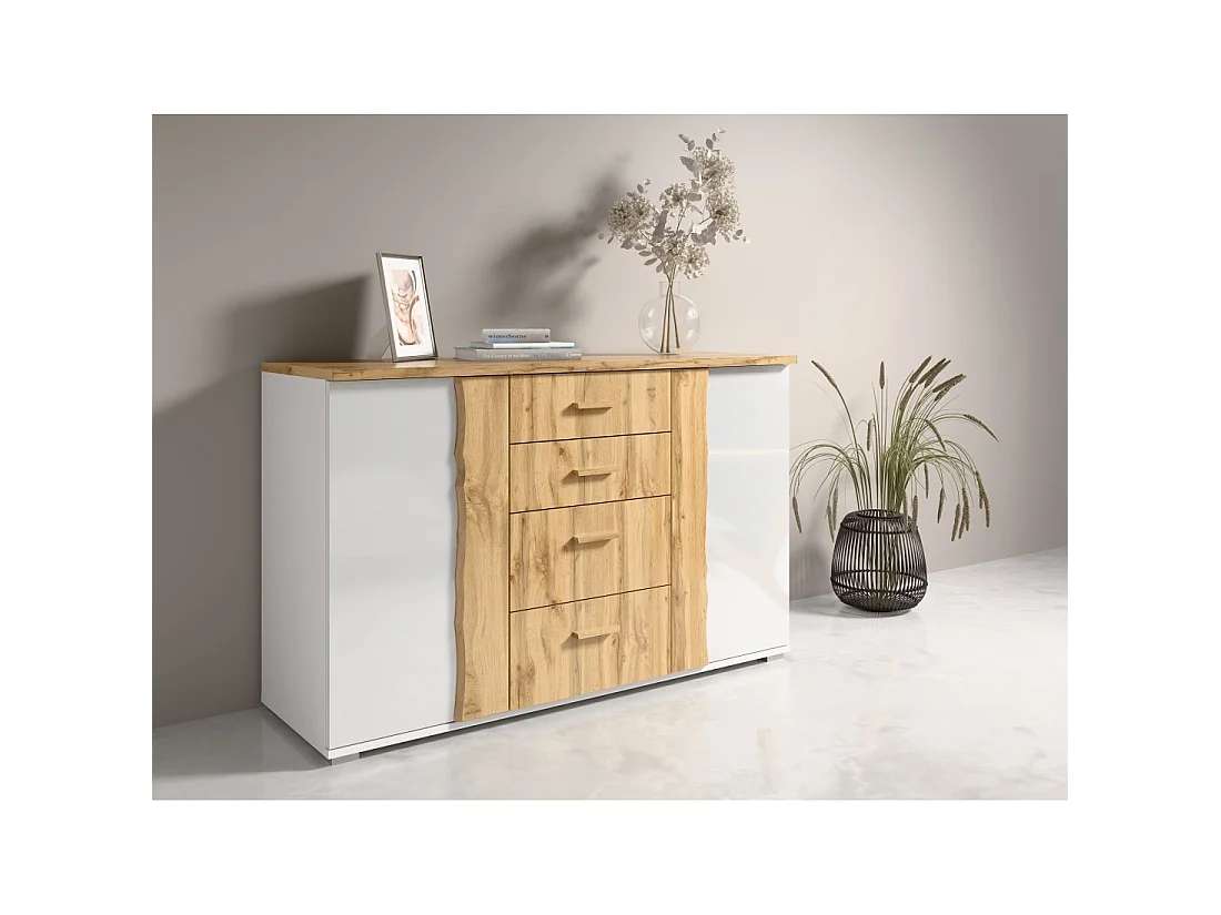 Chambre complète WOOD avec lit 180 x 200 cm LED, armoire 250 cm, commode et chevets – Chêne et blanc