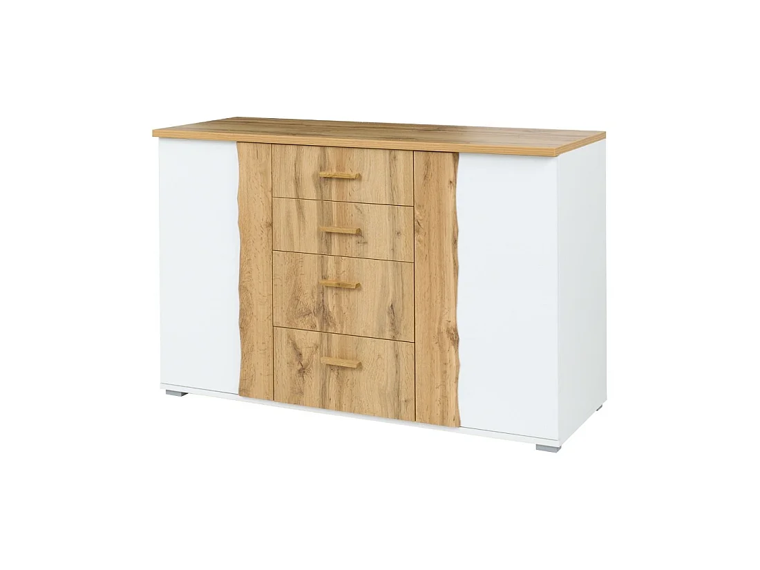 Chambre complète WOOD avec lit 160 x 200 cm LED, armoire 250 cm, commode et chevets – Chêne et blanc