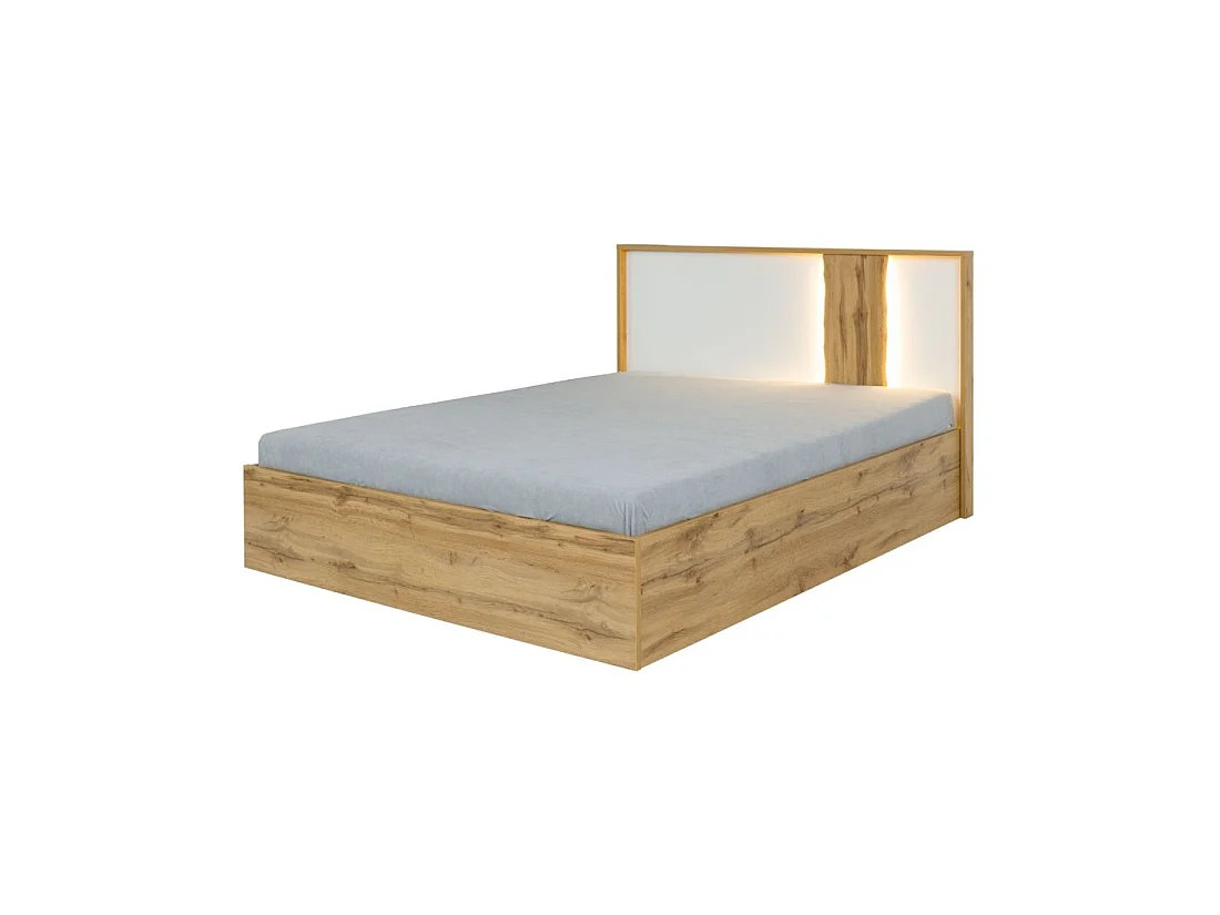 Chambre complète WOOD avec lit coffre 180 x 200 cm LED, armoire, commode et chevets – Chêne et blanc