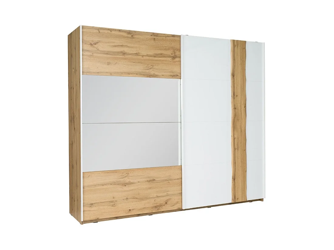 Chambre complète WOOD avec lit coffre 180 x 200 cm LED, armoire 250 cm, commode et chevets – Chêne et blanc