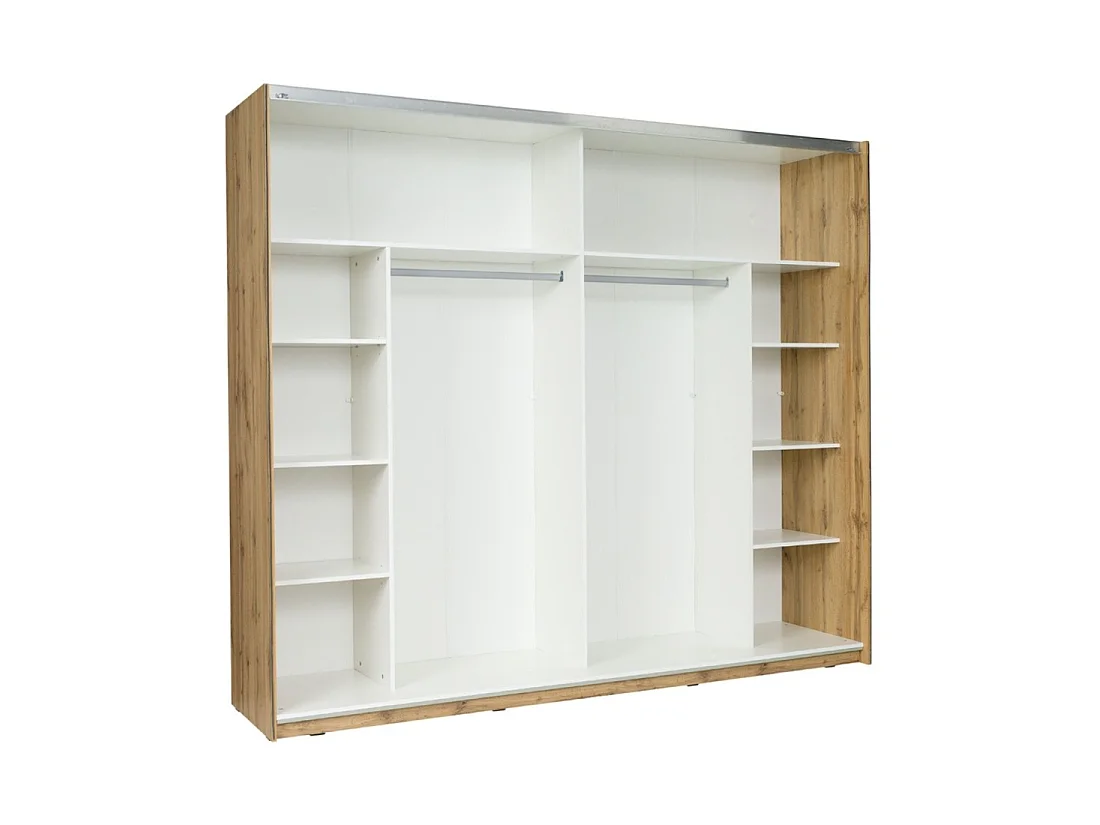Chambre complète WOOD avec lit coffre 180 x 200 cm LED, armoire 250 cm, commode et chevets – Chêne et blanc
