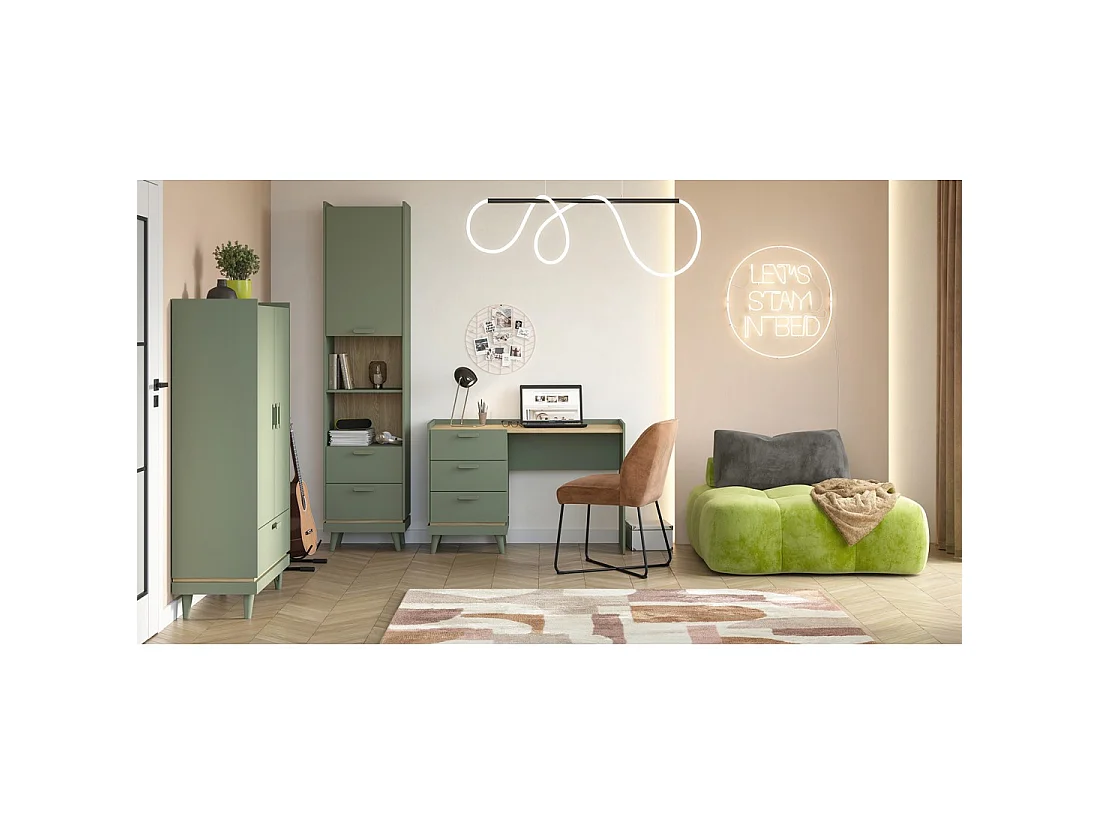 Set bureel NOKI - Bureau + opbergkast + boekenkast - Groen en Scandinavisch hout