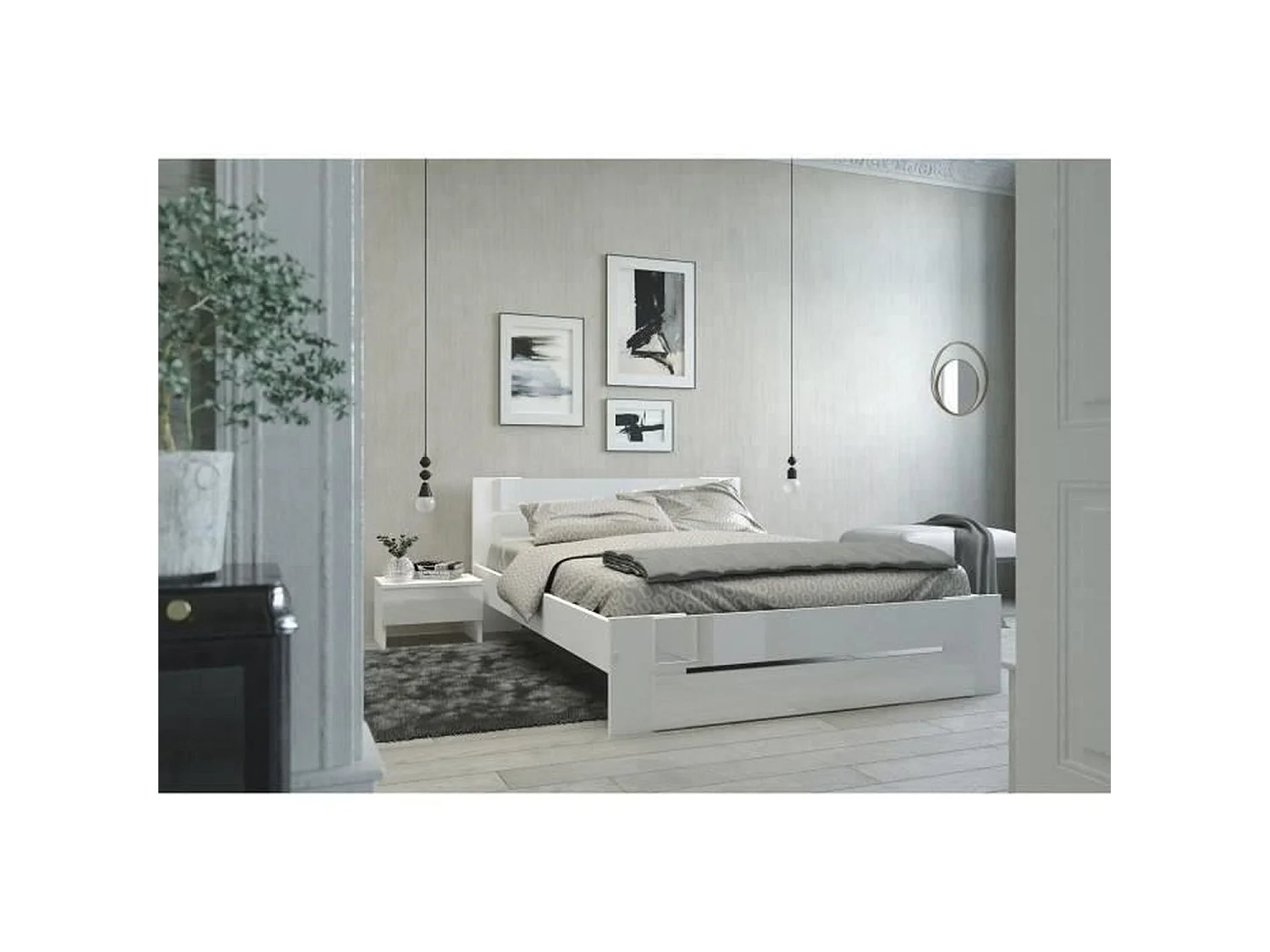 Lit adulte contemporain décor blanc et blanc brillant 140 x 190 cm