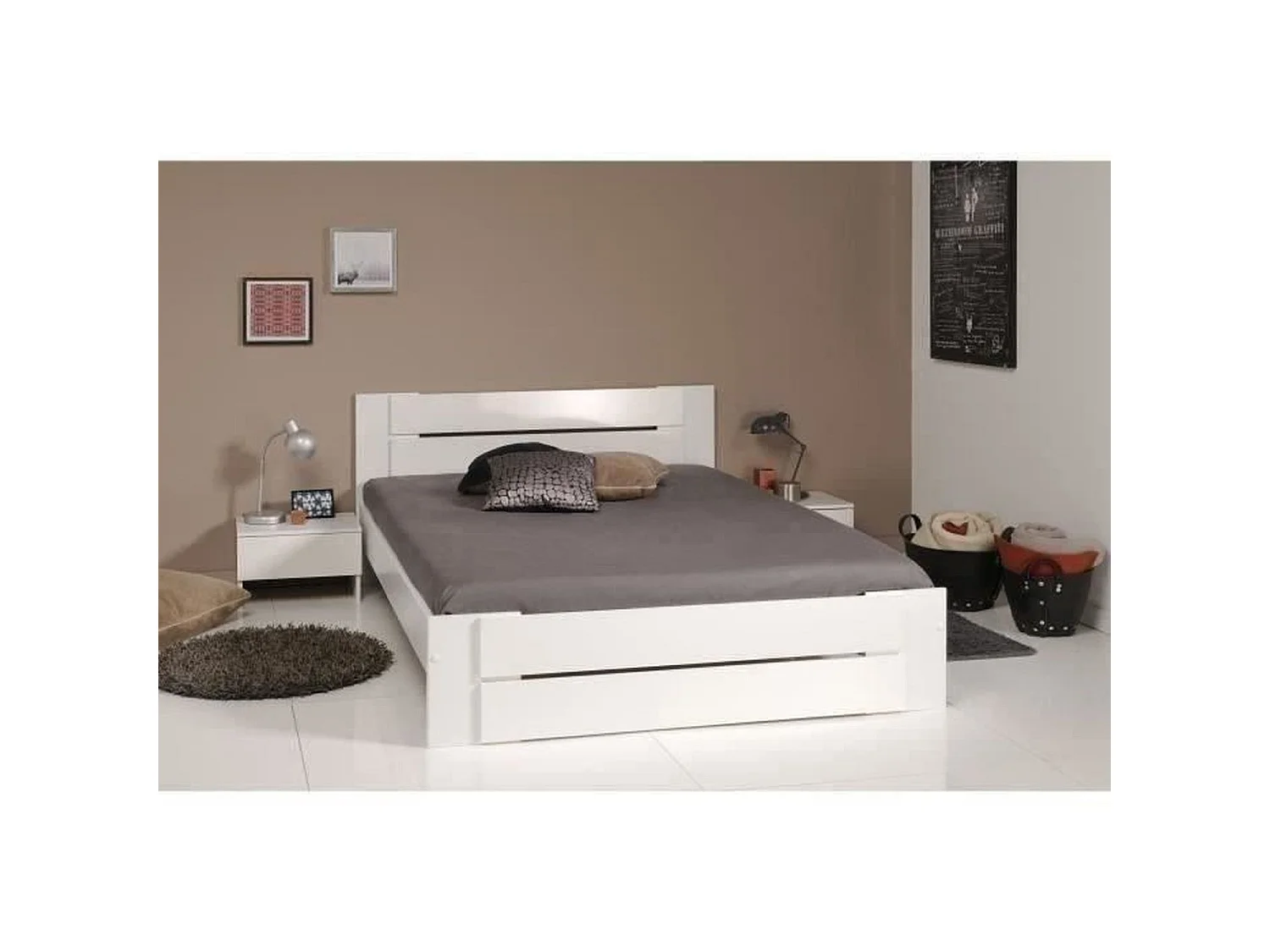 Lit adulte contemporain décor blanc et blanc brillant 140 x 190 cm