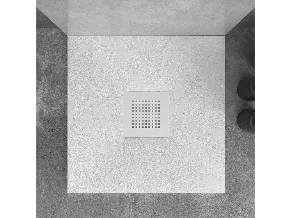 Receveur de douche 80x80 cm extra plat en résine minérale SLATE blanc Grille inox