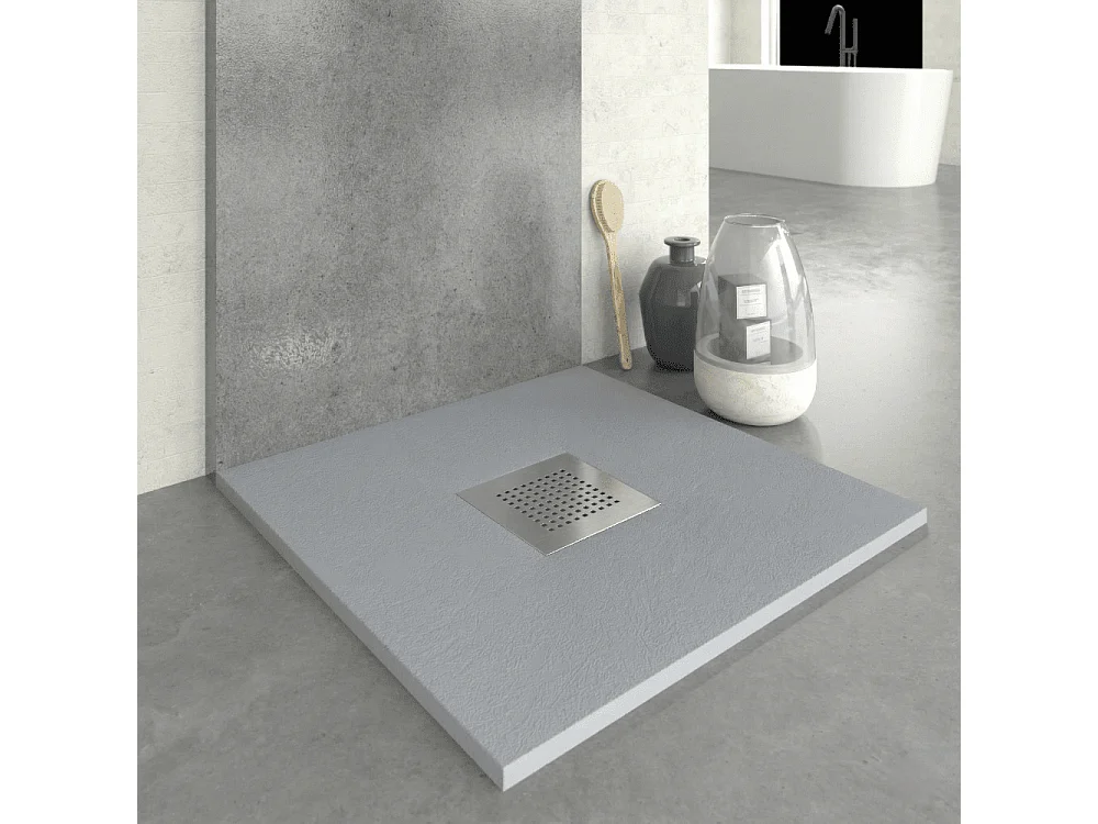 Mineralguss-Duschwanne extra flach SLATE Schieferoptik Grau 90x80 cm  Ablaufschutz in Chrom