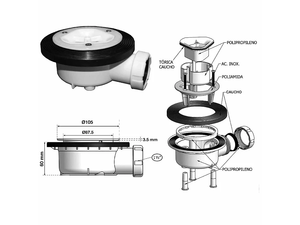 Plato de ducha resina SLATE negro  80x70 cm rejilla color