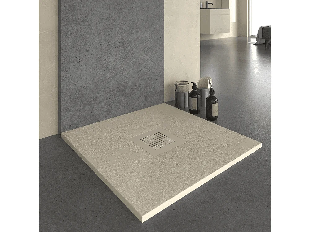 Receveur de douche 90x90 cm extra plat en résine minérale SLATE sable Grille inox