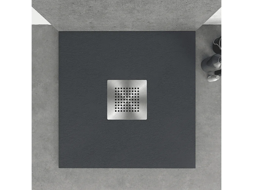 Receveur de douche 80x80 cm extra plat en résine minérale SLATE anthracite Grille inox