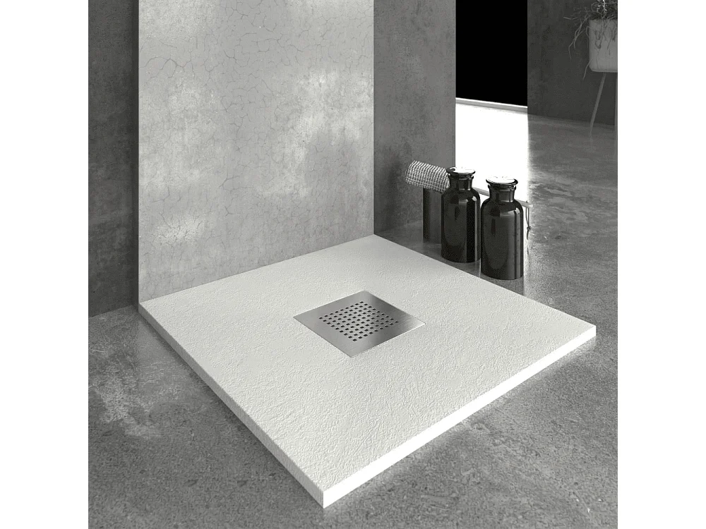 Mineralguss-Duschwanne extra flach SLATE Schieferoptik Weiss 70x90 cm  Ablaufschutz in Chrom