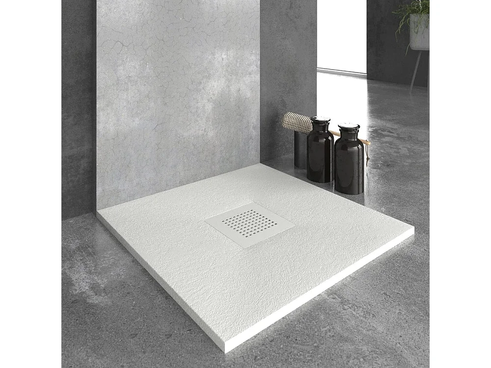 Mineralguss-Duschwanne extra flach SLATE Schieferoptik Weiss 70x80 cm  Auslaufschutz in Farbe