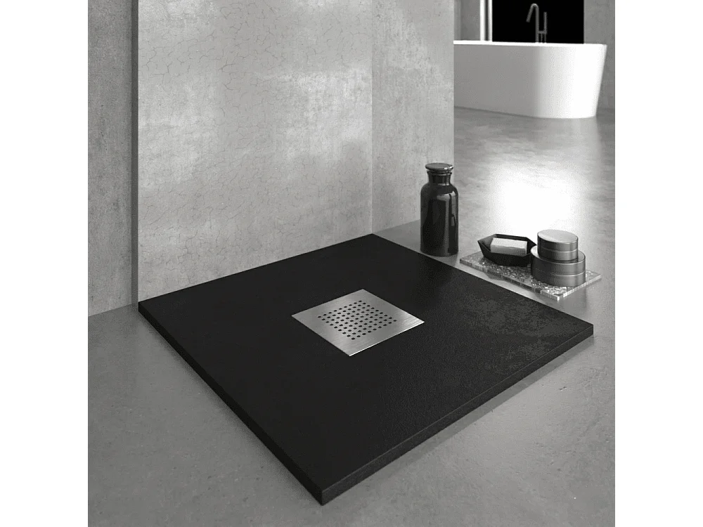 Mineralguss-Duschwanne extra flach SLATE Schieferoptik Schwarz 80x70 cm  Ablaufschutz in Chrom