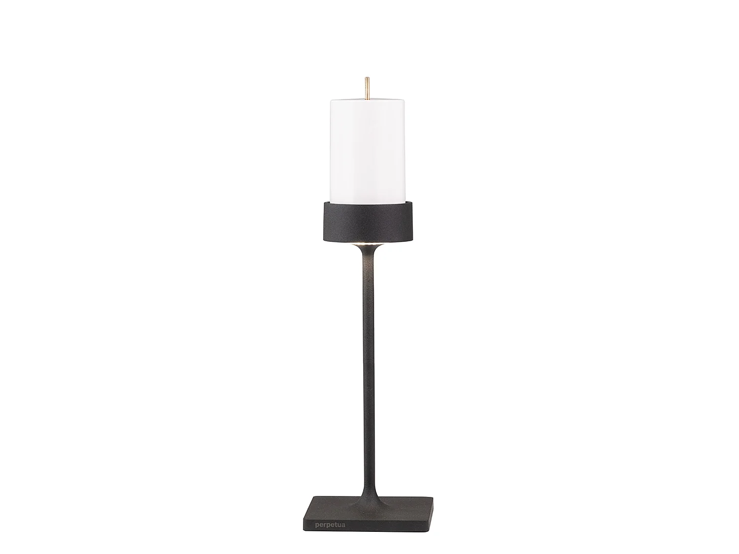 Candeeiro de mesa recarregável Perpetua Midi, design sem fios, alumínio fundido preto com sistema de bateria substituível por encaixe.
